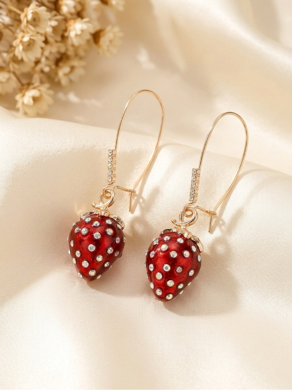 Gold Strawberry Drop Earrings with Red Crystal Accents Betsy Johnson